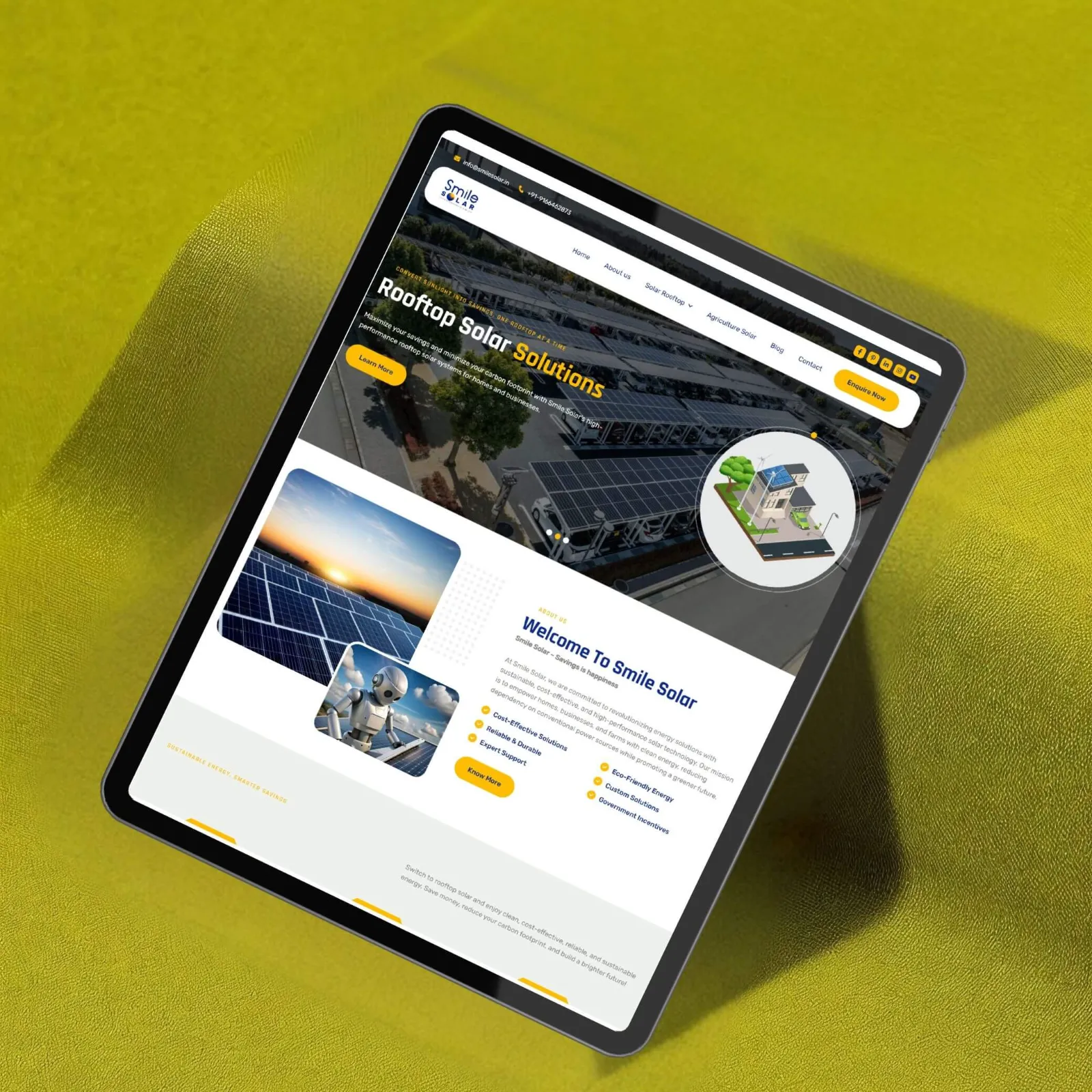 Smile Solar rooftop solar website designed by CoregenX, shown on a tablet